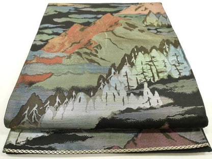 平和屋着物◎六通柄袋帯　遠山樹林文　黒地　金銀糸　正絹　逸品　DABF5134xg