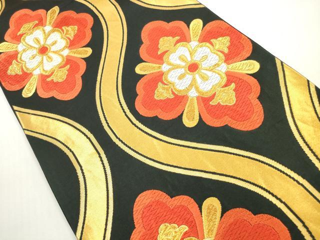 平和屋着物◎六通柄袋帯　唐織　立涌正倉院花文　黒地　金糸　正絹　逸品　DABF5137xg