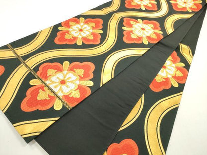 平和屋着物◎六通柄袋帯　唐織　立涌正倉院花文　黒地　金糸　正絹　逸品　DABF5137xg
