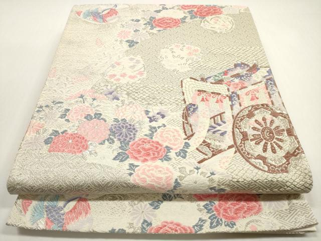 平和屋着物◎六通柄袋帯　唐織　花鳥御車文　全プラチナ箔　正絹　逸品　DABF5160xg