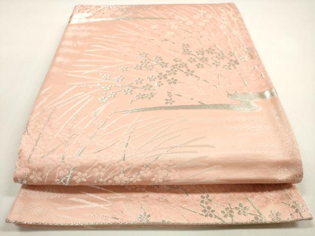 平和屋着物◎六通柄袋帯　枝花文　銀糸　正絹　逸品　DABF5163xg