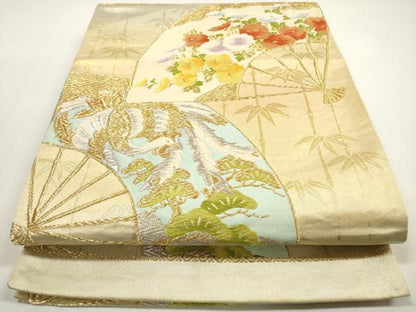 平和屋着物◎六通柄袋帯　唐織　扇面鳳凰花文　金銀糸　正絹　逸品　DABF5167xg