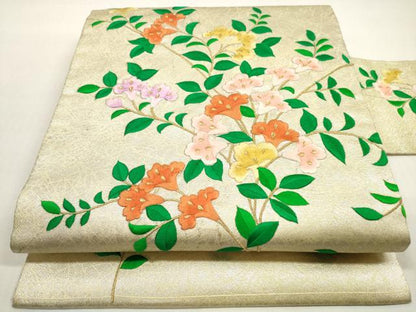 平和屋着物◎九寸名古屋帯　総刺繍　草花文　金銀糸　正絹　逸品　DABF5200xg