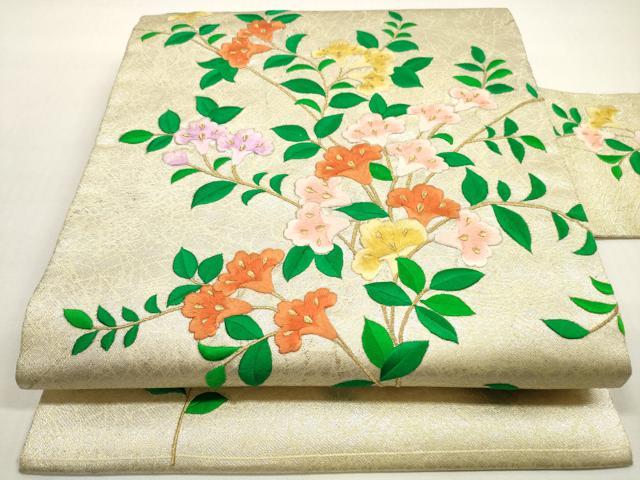 平和屋着物◎九寸名古屋帯　総刺繍　草花文　金銀糸　正絹　逸品　DABF5200xg