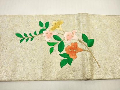 平和屋着物◎九寸名古屋帯　総刺繍　草花文　金銀糸　正絹　逸品　DABF5200xg
