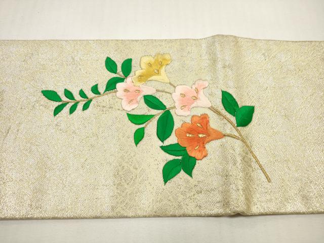 平和屋着物◎九寸名古屋帯　総刺繍　草花文　金銀糸　正絹　逸品　DABF5200xg