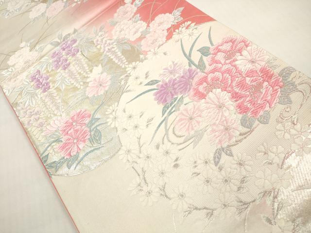 平和屋着物◎六通柄袋帯　唐織　花丸文　銀糸　正絹　逸品　DABF5219xg