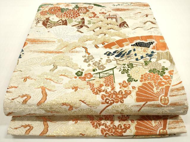 平和屋着物◎アンティーク　大正ロマン　全通柄　京袋帯　唐織　扇面草花文　金銀糸　正絹　逸品　DABF5223xg