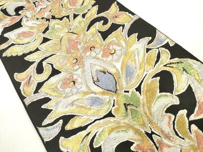 平和屋着物◎六通柄 本袋帯 更紗花文 黒地 金銀糸 正絹 逸品 DABF5238xg