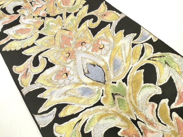 平和屋着物◎六通柄 本袋帯 更紗花文 黒地 金銀糸 正絹 逸品 DABF5238xg