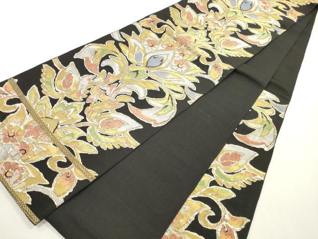 平和屋着物◎六通柄 本袋帯 更紗花文 黒地 金銀糸 正絹 逸品 DABF5238xg