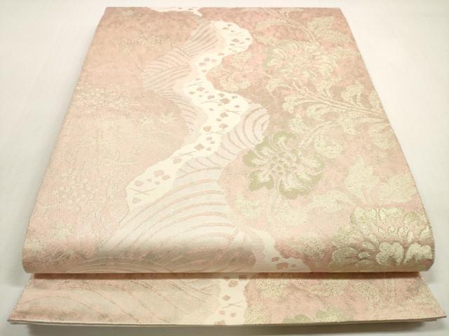 平和屋着物◎六通柄袋帯　道長立波更紗花鳥文　金糸　正絹　逸品　DABF5254xg