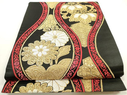 平和屋着物◎六通柄袋帯　唐織　吉祥立涌花文　黒地　金糸　正絹　逸品　DABF5261xg