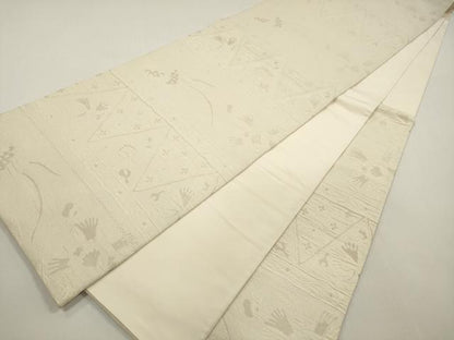 平和屋着物◎六通柄袋帯　ふくれ織　横段花鳥文　銀糸　正絹　逸品　DABF5272xg