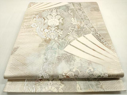平和屋着物◎六通柄袋帯　向かい鳥扇面花文　金銀糸　正絹　逸品　DABF5274xg