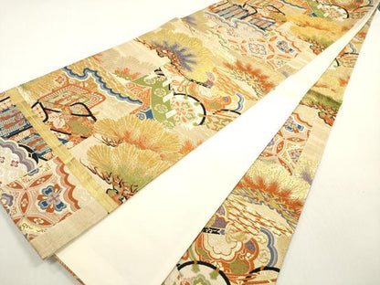 平和屋着物◎全通柄袋帯　唐織　吉祥御所車花文　金銀糸　正絹　逸品　DABF5305xg
