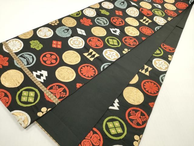 平和屋着物◎六通柄　本袋帯　唐織　家紋尽くし　黒地　金糸　正絹　逸品　DABF5336xg