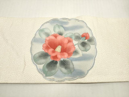 平和屋着物◎九寸名古屋帯　駒刺繍　椿　銀糸　正絹　逸品　DABF5354xg