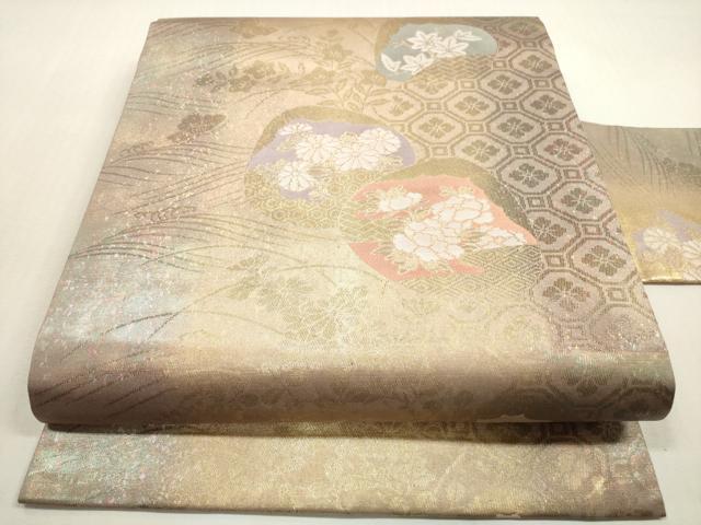 平和屋着物◎九寸名古屋帯　草花文　金糸　正絹　逸品　DABF5355xg