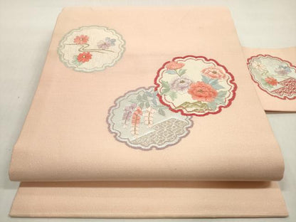 平和屋着物◎九寸名古屋帯 総刺繍 雪輪草花文 金銀糸 正絹 逸品 DABF5401xg