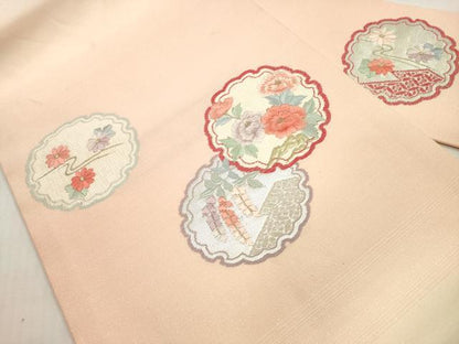 平和屋着物◎九寸名古屋帯 総刺繍 雪輪草花文 金銀糸 正絹 逸品 DABF5401xg