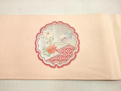 平和屋着物◎九寸名古屋帯 総刺繍 雪輪草花文 金銀糸 正絹 逸品 DABF5401xg