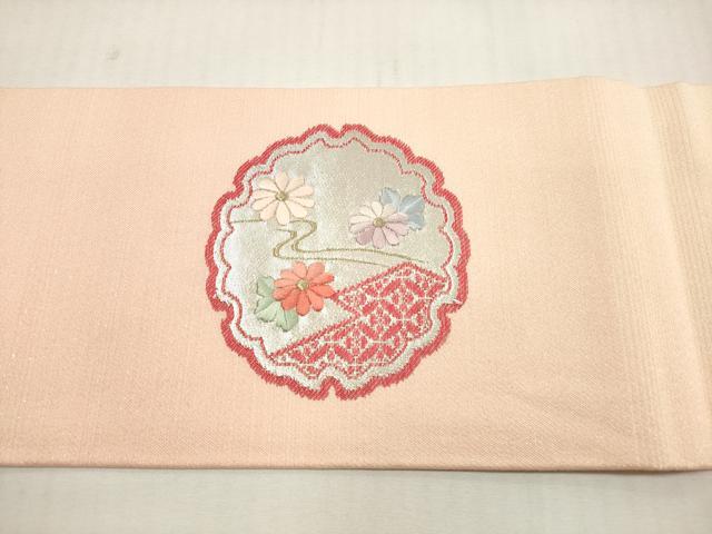 平和屋着物◎九寸名古屋帯 総刺繍 雪輪草花文 金銀糸 正絹 逸品 DABF5401xg