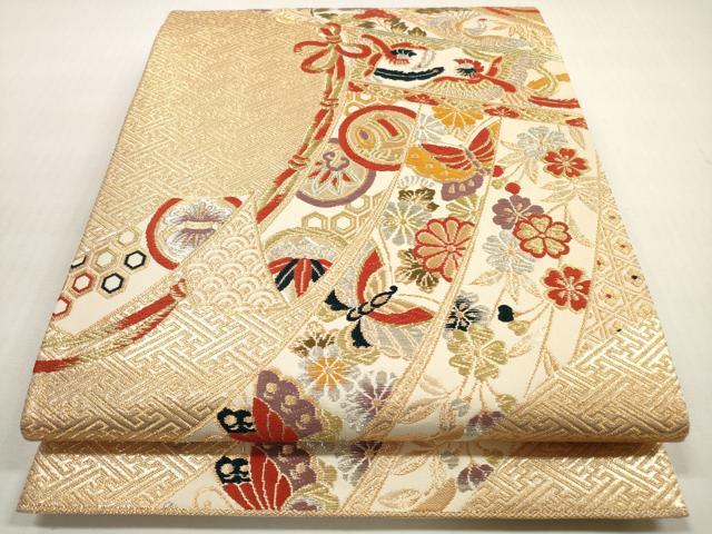 平和屋着物◎六通柄袋帯 唐織 几帳吉祥花鳥舞蝶文 金銀糸 正絹 逸品 DABF5459xg