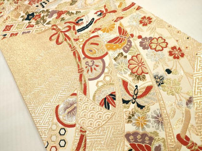 平和屋着物◎六通柄袋帯 唐織 几帳吉祥花鳥舞蝶文 金銀糸 正絹 逸品 DABF5459xg