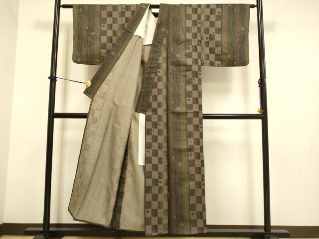 平和屋着物▽上質な小紋　単衣　市松舞桜文　正絹　逸品　DABF5523du