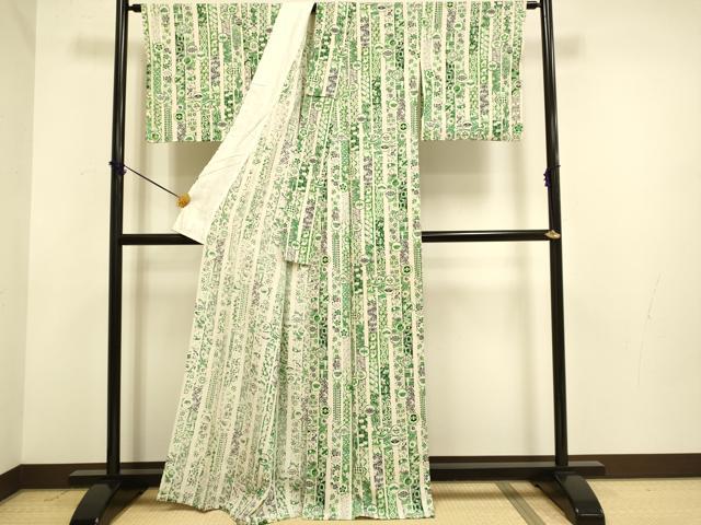 平和屋着物▽上質な小紋　単衣　型染　吉祥宝尽くし花文　正絹　逸品　DABF5524du