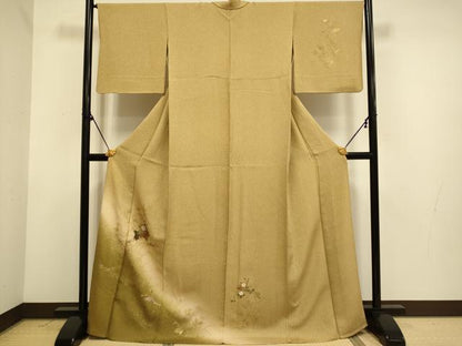 平和屋着物▽訪問着　単衣　扇花文　暈し染め　金彩　金通し地　ロング丈　正絹　逸品　DABF5526du