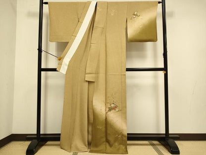 平和屋着物▽訪問着　単衣　扇花文　暈し染め　金彩　金通し地　ロング丈　正絹　逸品　DABF5526du