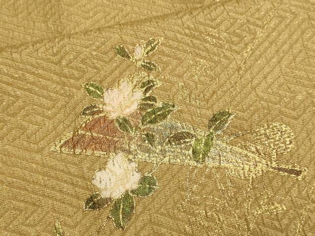平和屋着物▽訪問着　単衣　扇花文　暈し染め　金彩　金通し地　ロング丈　正絹　逸品　DABF5526du