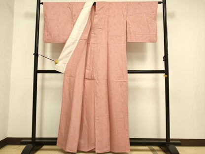 平和屋着物▽上質な色無地　単衣　辻が花地紋　洗朱色　正絹　逸品　DABF5530du