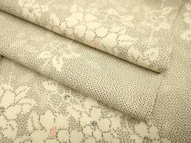 平和屋着物▽本塩沢　単衣　草花文　正絹　逸品　DABF5535du