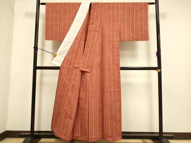 平和屋着物▽上質な紬　単衣　縞　正絹　逸品　DABF5537du