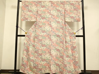 平和屋着物▽上質な小紋　単衣　辻が花　雲取吉祥風景花鳥文　鬼しぼ縮緬　正絹　逸品　DABF5579du