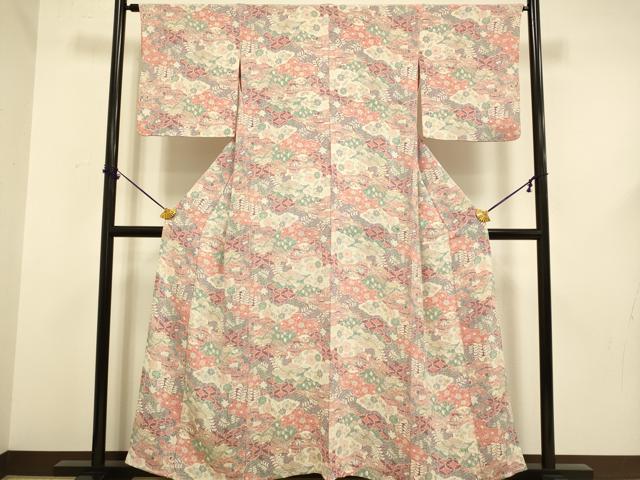 平和屋着物▽上質な小紋　単衣　辻が花　雲取吉祥風景花鳥文　鬼しぼ縮緬　正絹　逸品　DABF5579du
