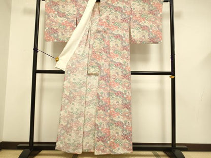 平和屋着物▽上質な小紋　単衣　辻が花　雲取吉祥風景花鳥文　鬼しぼ縮緬　正絹　逸品　DABF5579du