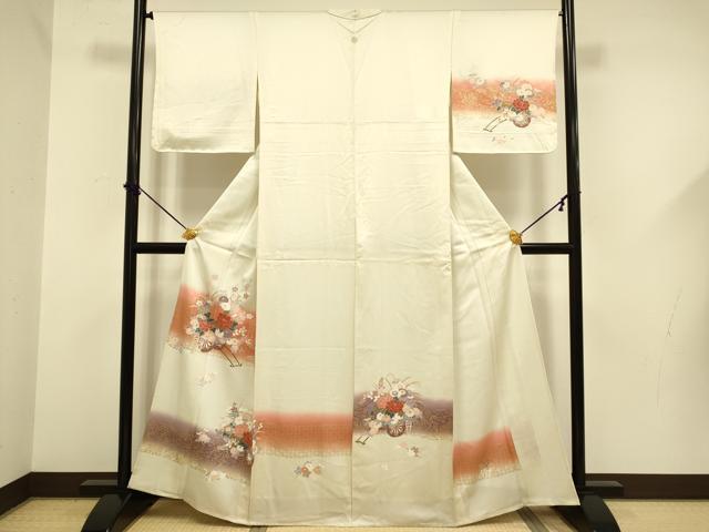 平和屋着物▽訪問着　単衣　花車文　暈し損ね　金彩　正絹　逸品　DABF5581du