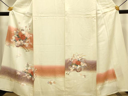 平和屋着物▽訪問着　単衣　花車文　暈し損ね　金彩　正絹　逸品　DABF5581du