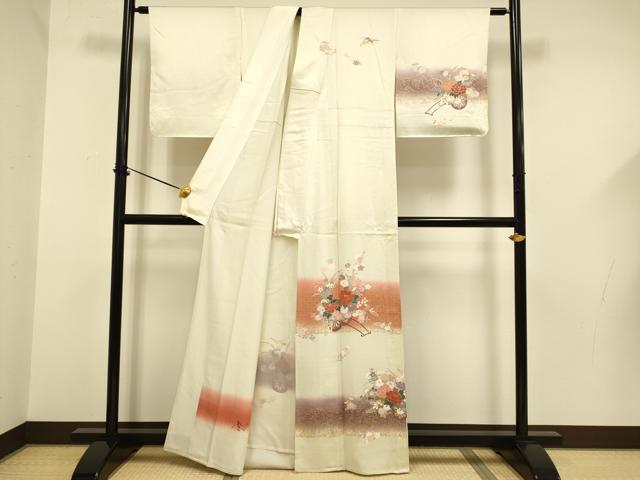 平和屋着物▽訪問着　単衣　花車文　暈し損ね　金彩　正絹　逸品　DABF5581du