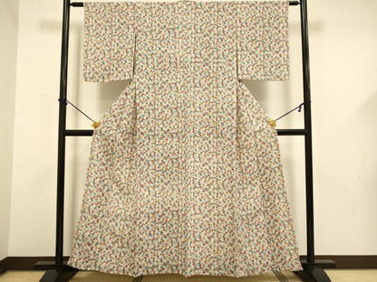 平和屋着物▽上質な小紋　単衣　作家物　唐織　吹き寄せ文　鬼しぼ縮緬　正絹　逸品　DABF5588du