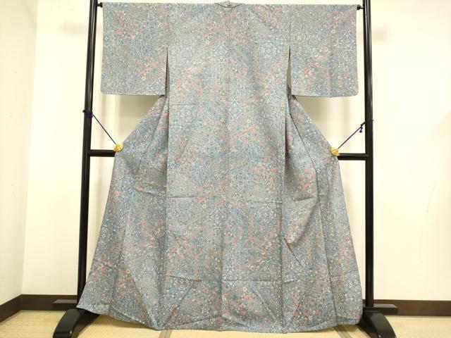 平和屋着物▽上質な小紋　単衣　切嵌更紗花文　正絹　逸品　DABF5593du