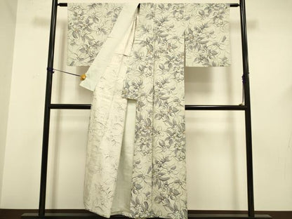 平和屋着物▽上質な小紋　単衣　紬地　草花文　正絹　逸品　DABF5595du