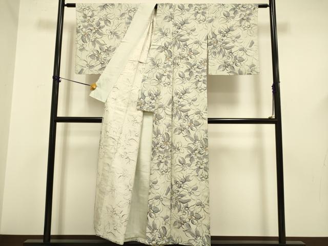 平和屋着物▽上質な小紋　単衣　紬地　草花文　正絹　逸品　DABF5595du