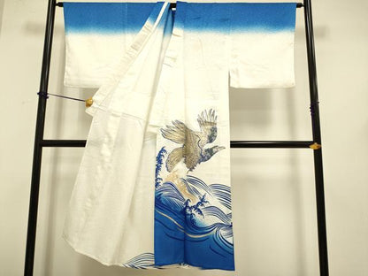 平和屋着物▽男性　単衣　訪問着　立波　鷹　鷲　暈し染め　金彩　洗える着物　DABF5608du