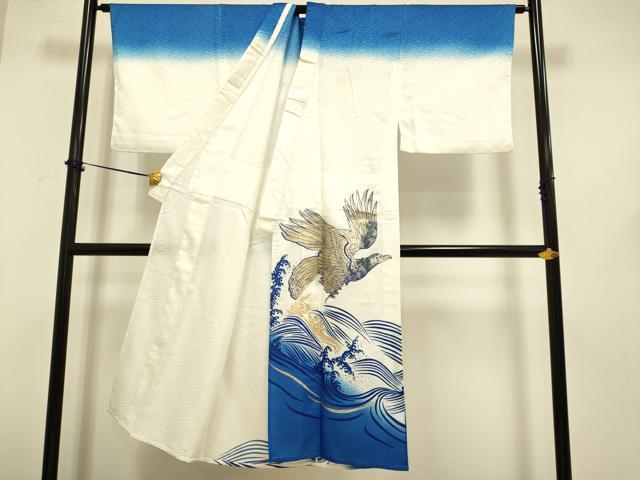 平和屋着物▽男性　単衣　訪問着　立波　鷹　鷲　暈し染め　金彩　洗える着物　DABF5608du