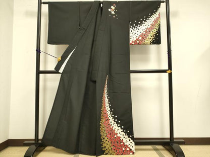平和屋着物▽訪問着　単衣　箔散らし文　黒地　金銀彩　洗える着物　DABF5615du